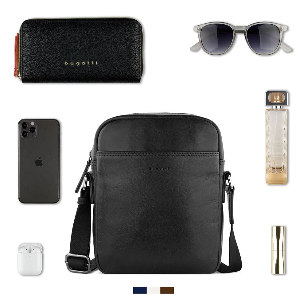 bugatti Savona Set Schultertasche & Geldbörse aus Büffelleder, Geldbeutel RFID-Schutz, Umhängetasche & Portemonnaie mit Stoffbeutel