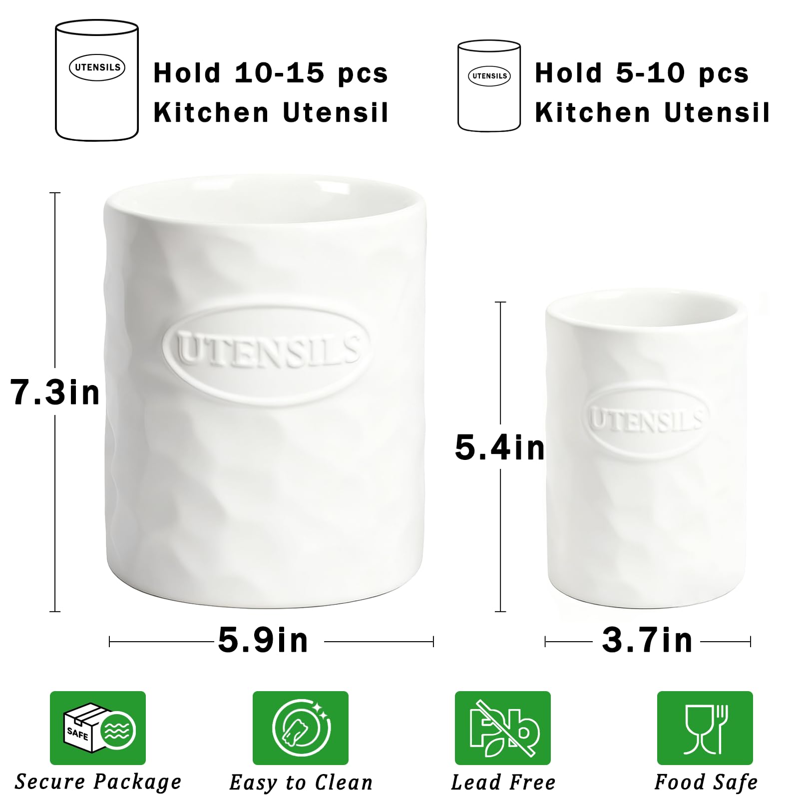 Utensilienhalter Set aus 2 Teilen aus Keramik (18.5cm+13.8 cm) für Kochutensilien, Große Moderne Farmhouse Aufbewahrungsvase für Arbeitsplatte, als Hauswarming Geschenk und Küchendekoration in Weiß