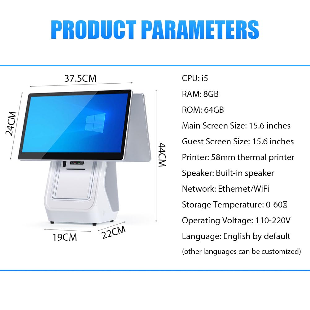 Terminale POS Per Vendita Al Dettaglio E Ristoranti Per Piccole Imprese, Registratore Di Cassa Professionale All-In-One A Doppio Schermo, Touch Screen,Bianca