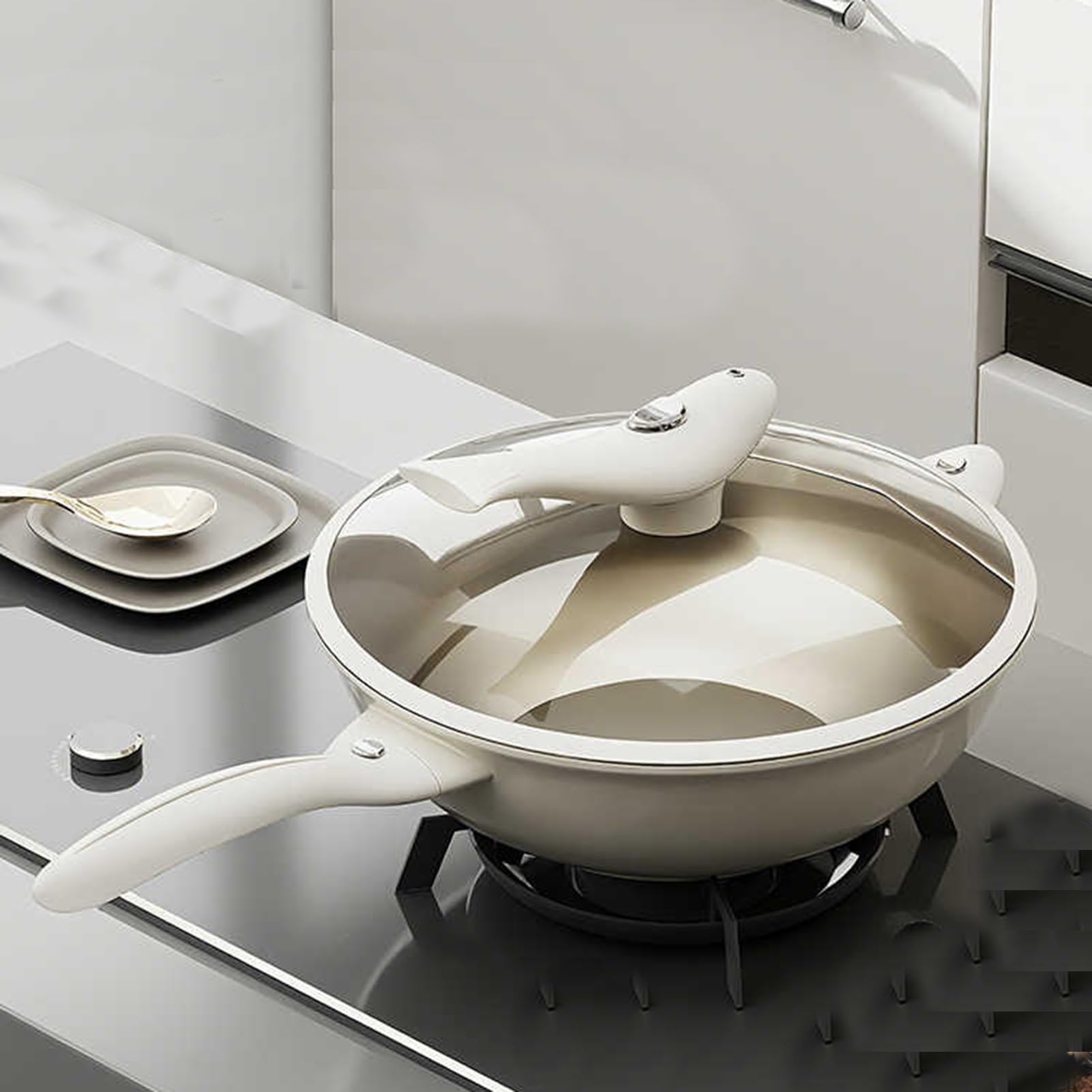 Genérico Wok, Con Mango Integrado, Woks De Fondo Plano Pre-sazonados Aleación Titanio Tapa Vidrio, Utensilios Cocina Resistentes(30cm)