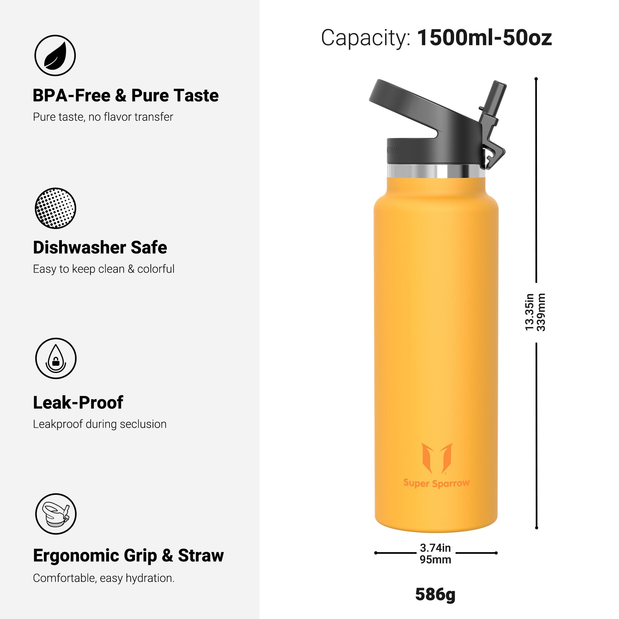 Super Sparrow Botella de Agua Acero Inoxidable - Botella Termica Boca Ancha con Paja 1.5L - Sin BPA, para Gimnasio, Deporte, Oficina, Yoga, Ciclismo - 4