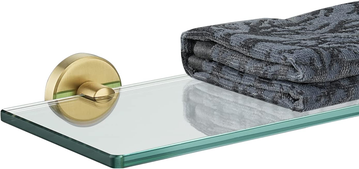 JQK Bathroom Glass Shelf Gold, Tempered Glass Shower Storage 20 by 5 inches, 304 Stainless Steel Brushed Gold Wall Mount, TGS101L20-BG