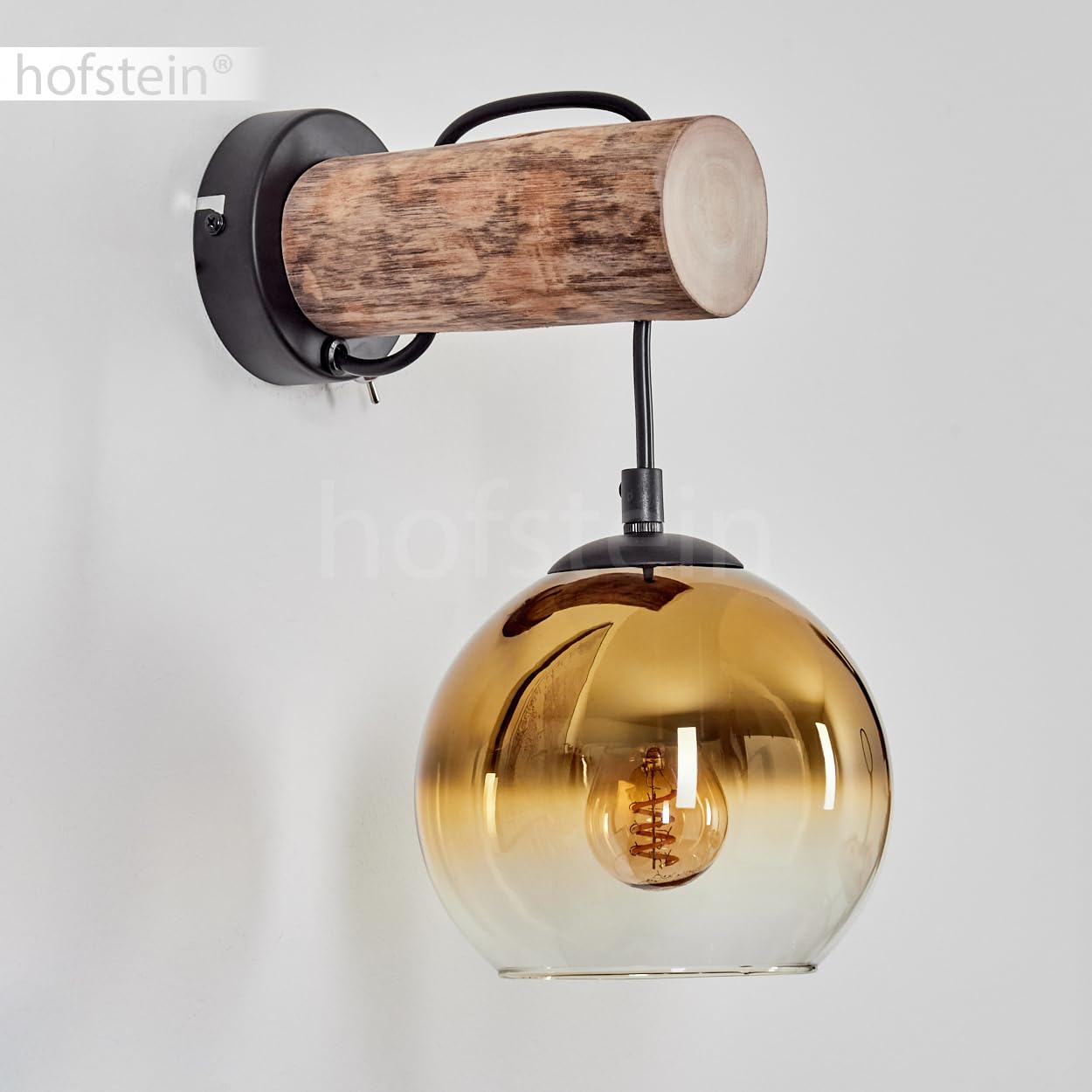 Wandleuchte Koyoto, Wandlampe aus Metall/Holz/Glas in Schwarz/Natur/Gold/Klar, Leuchte im Retro/Vintage-Design mit Schirm aus Glas (Ø 15 cm) u. An/-Auschalter am Gehäuse, 1 x E27, ohne Leuchtmittel