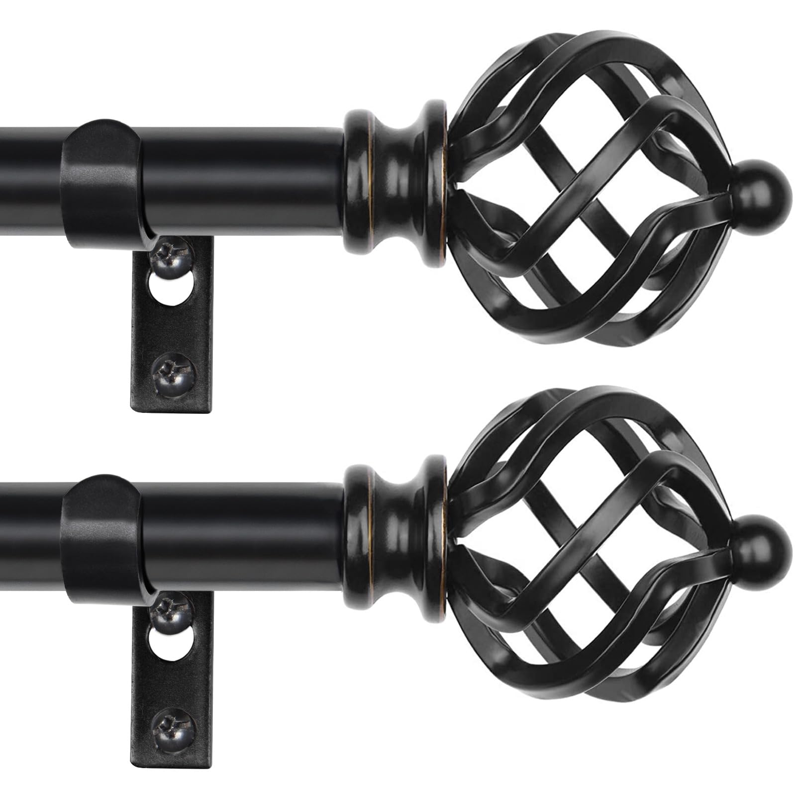 KAMANINA 2 Pack Curtain Rods 32 to 86 Inches (2.6-7.1ft), 3/4 Inch Black Curtain Rods for Windows Splicing Adjustable Single Drapery Rod with Twisted Cage Finial, for Indoor and Outdoor