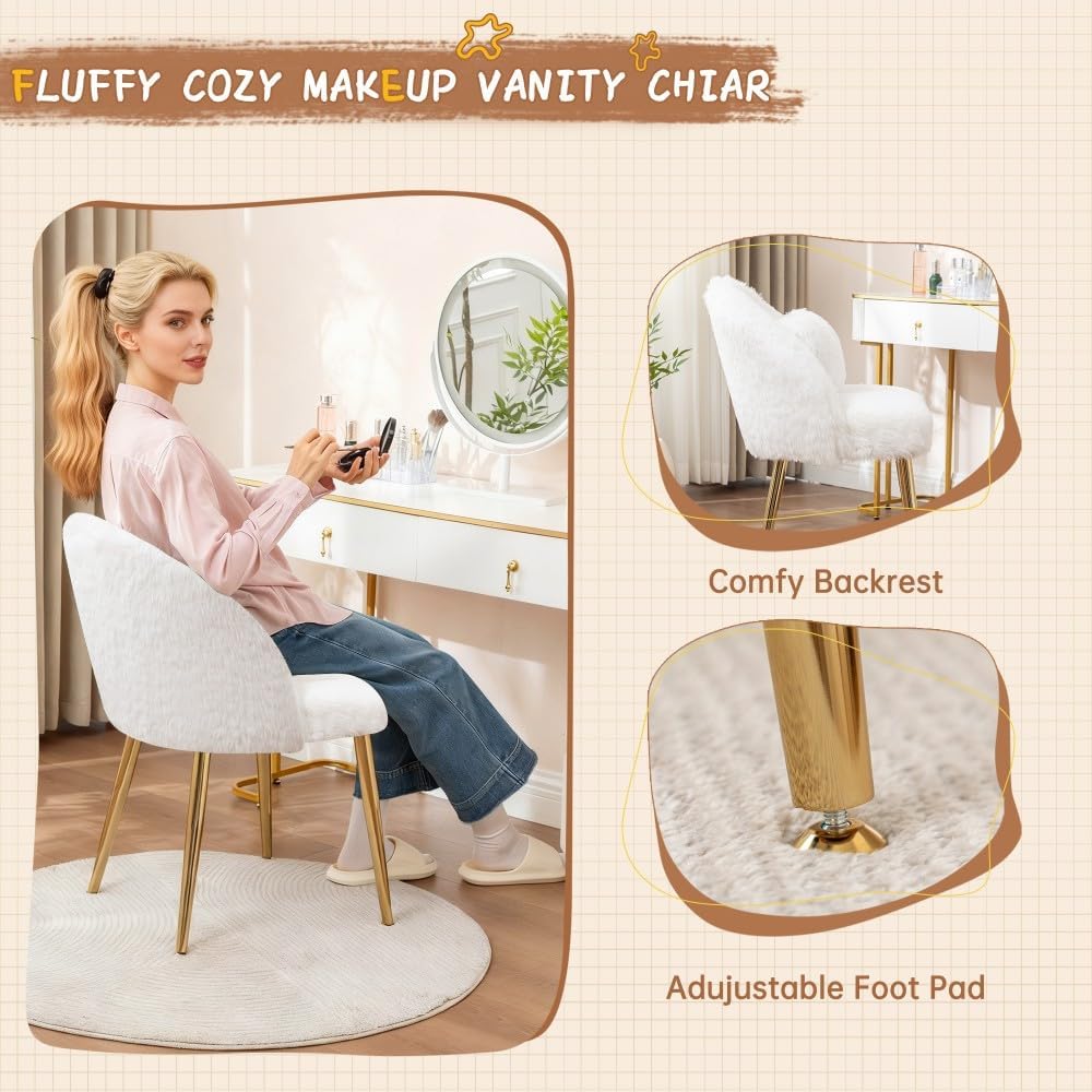 Vanity Chair,Accent Makeup Comfy Cute Desk Girls Fluffy Chairs for Bedroom No Wheels Gold Metal Legs Stool (Faux Fur White)