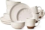 Artena Plates and Bowls Sets, 16 Pieces Dinnerware Sets, Dish Set for 4, Ceramic Kitchen Bowl and Plate Set, Embossed White Dishware Sets, Dishwasher & Microwave Safe (Multiple Patterns)