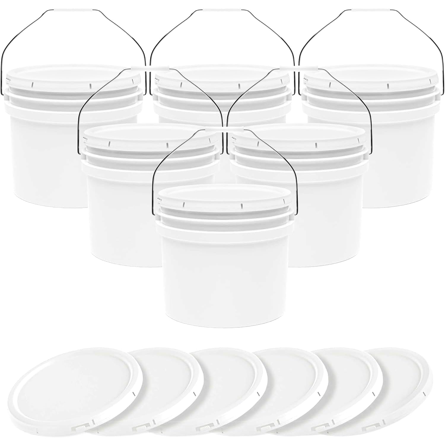 3.5-Gallon White Bucket Pail Container with Lid | Food Grade | Heavy-Duty Approx 90 MIL Extra Durable | Metal Handles with Plastic Grip | Multi-Use | Easy Stack and Store | BPA Free - 6 Pack