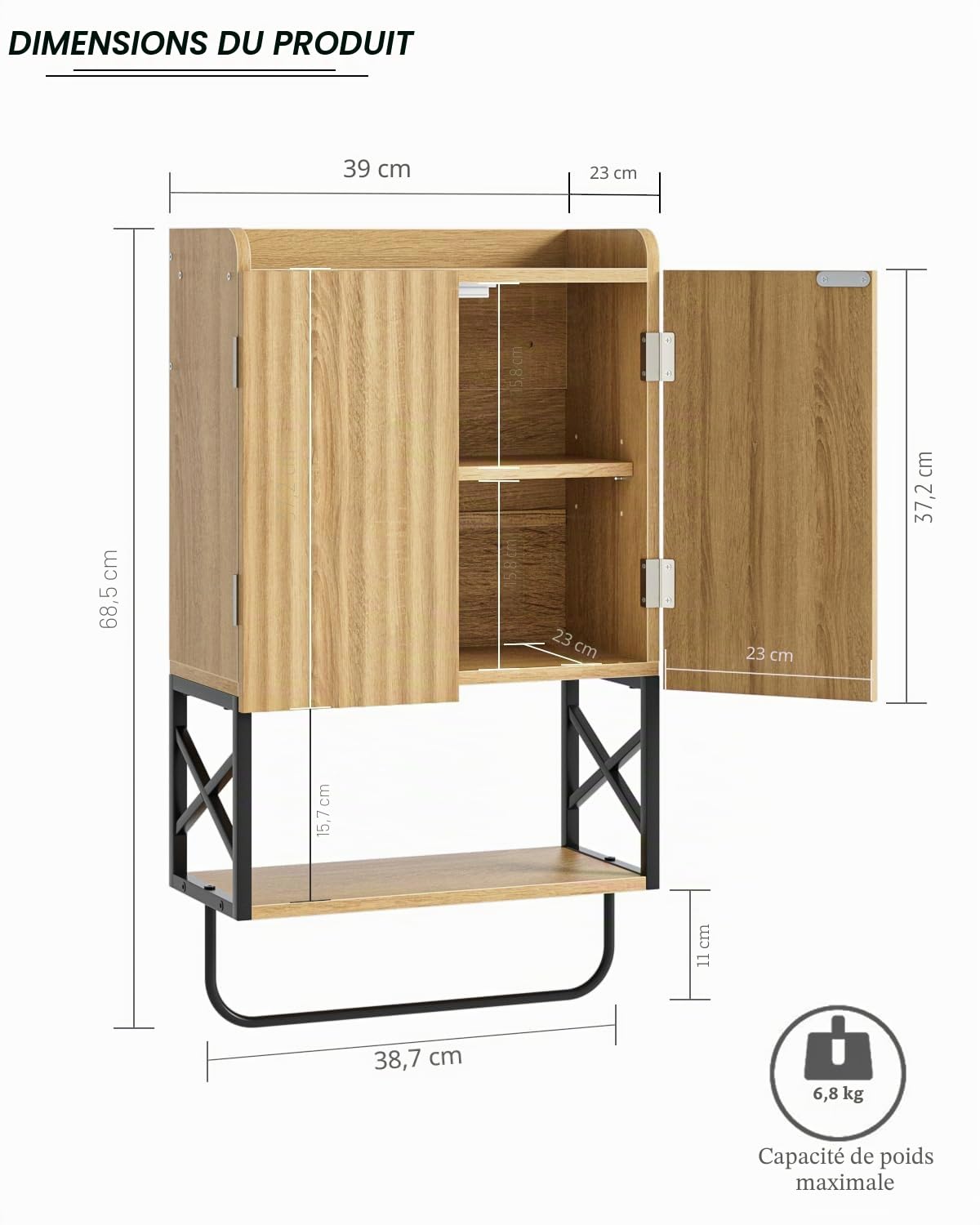 Armoire à pharmacie / Armoire murale de salle de bain, meuble mural avec étagères réglables, armoire gain de place pour salle de bain, cuisine et salon (68,5 x 39 x 18 cm, chêne au design moderne)