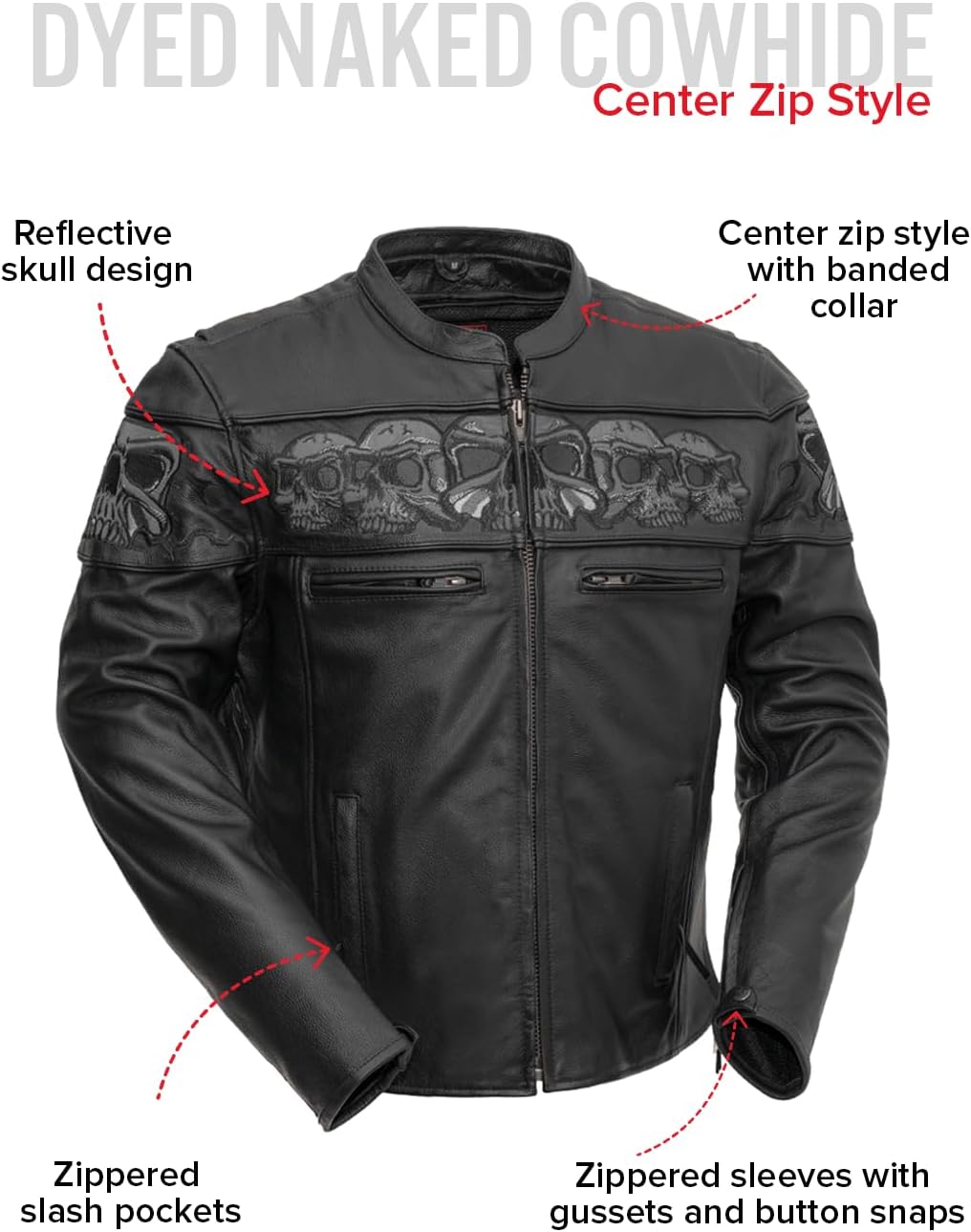 First Mfg Co - Savage Skulls - Men's Motorcycle Biker Riding Black Leather Jacket - Image 4