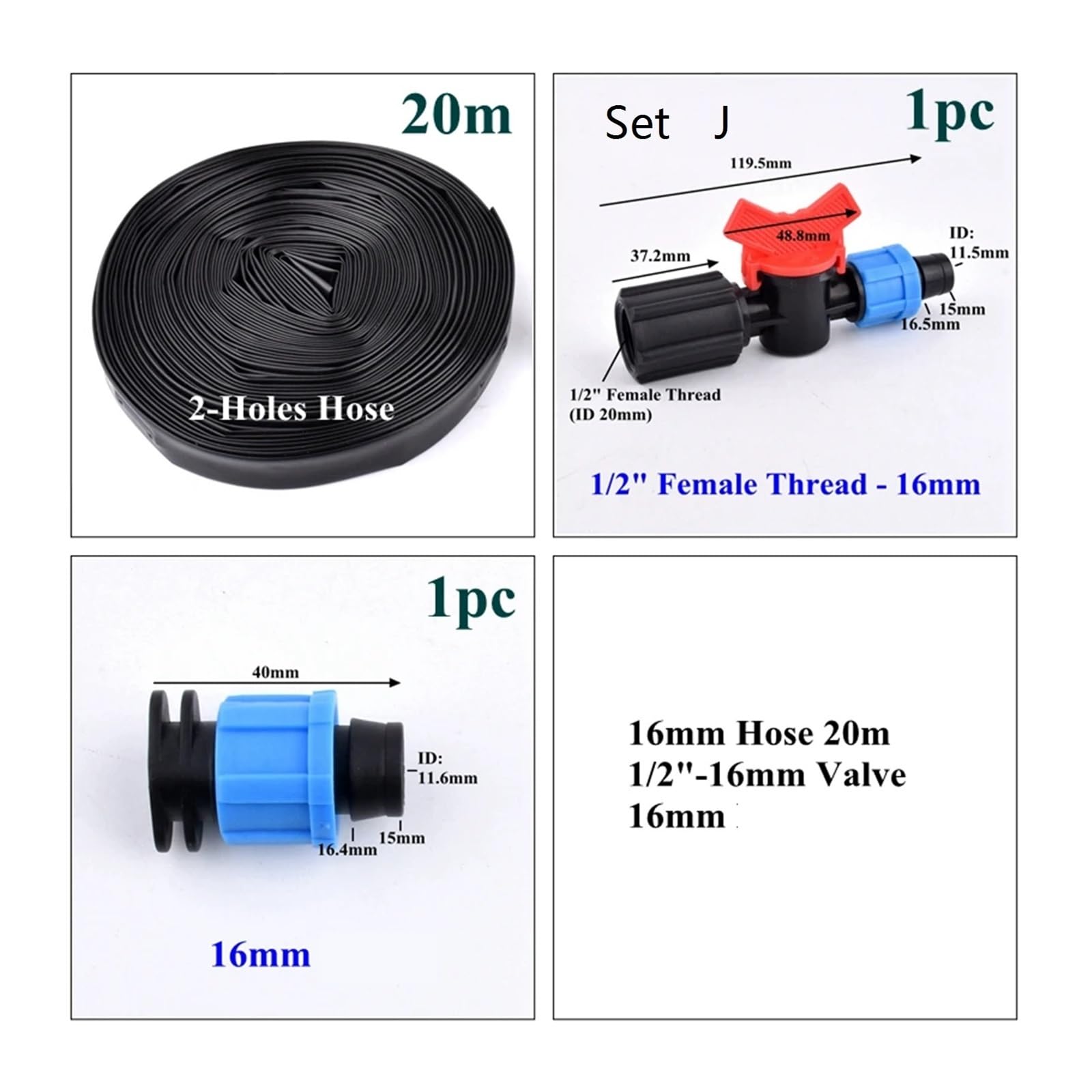 Cinta de goteo de PE, Cinta de riego por goteo 16 mm, juego 20 m, 2 orificios, negro, azul, 0,2-0,4, 10-50 cm(Set J,THICK0.2MM-HOLE PITCH30CM)