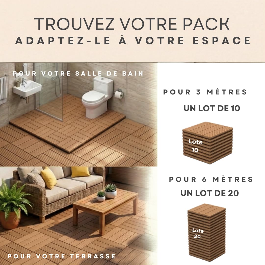 ActivoTex Dalles Terrasse WPC 30x30 cm Lot de 10 – Dalle Clipsable Extérieur Antidérapante, Sol Terrasse Extérieur et Sol Balcon Exterieur Résistant à l’Eau pour Salle de Bain et Douche
