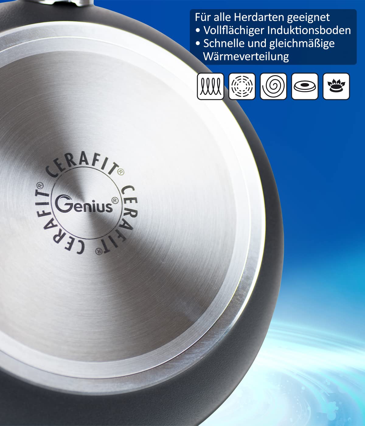 Genius Cerafit Plasma Bratpfanne 24cm + Glasdeckel - ofenfeste Keramikpfanne mit kratzfester Antihaft-Beschichtung | Induktions-Pfanne mit abnehmbarem Griff für alle Herdarten