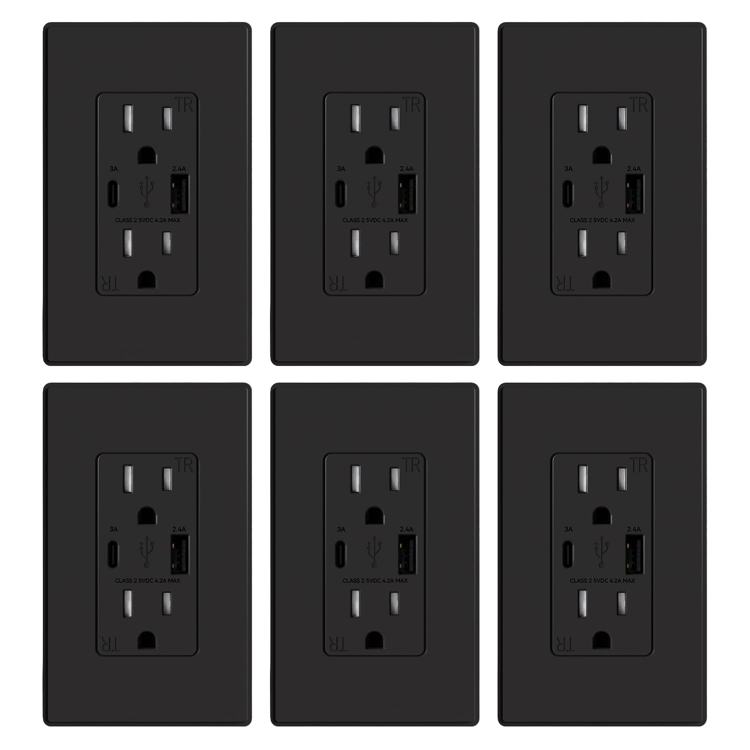 ELEGRP USB Charger Wall Outlet, USB Receptacle with Type A & Type C USB Ports, 15 Amp Duplex Tamper Resistant Receptacle Plug NEMA 5-15R, Wall Plate Included, UL Listed (6 Pack, Matte Black)