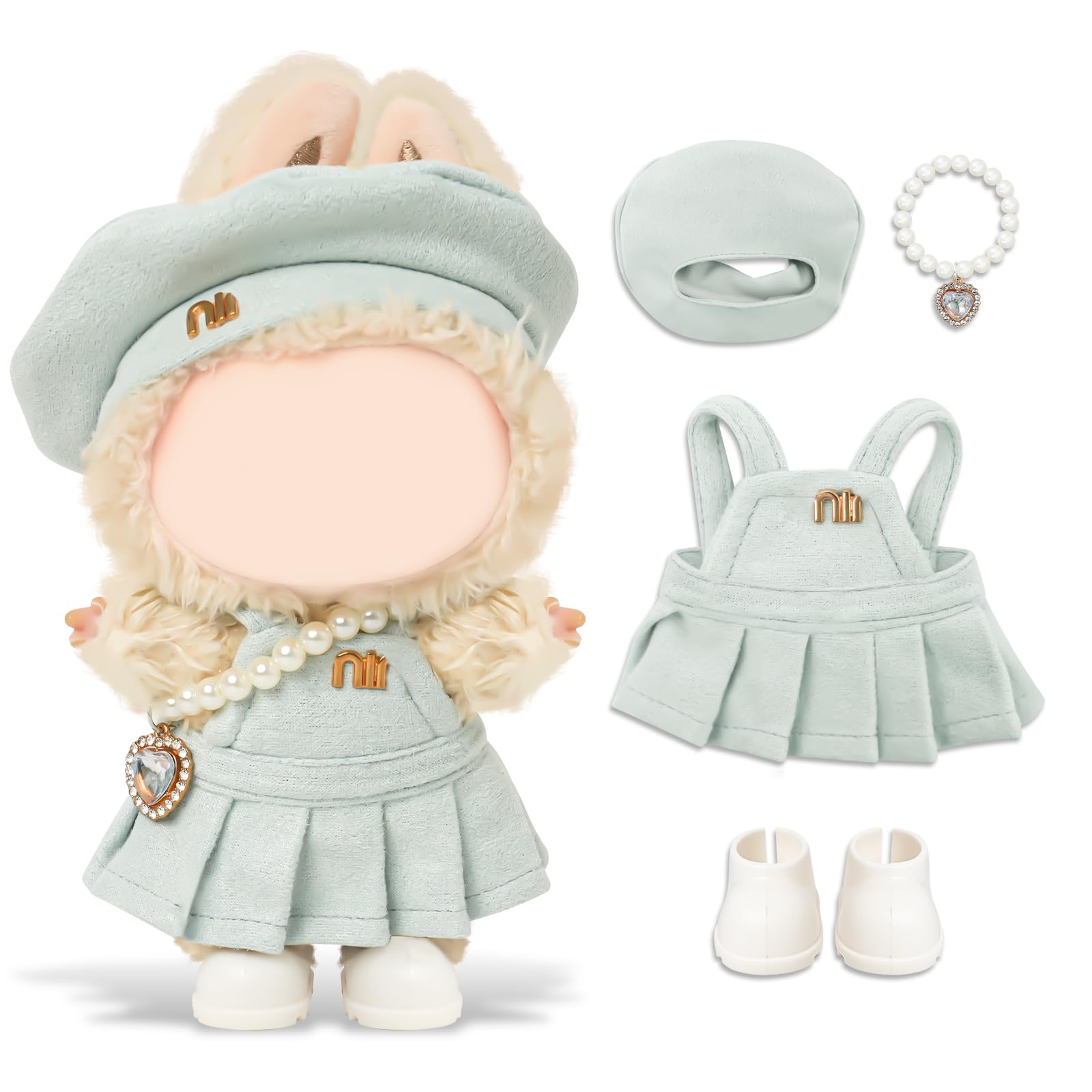 Clothes Compatible with LABUBU Doll – 4PCS Frosted Mint Set, 17cm Doll Clothes Designer Outfit for Campus Classic Theme, Chic Stylish Accessories for Labubu, No Doll (Paris Mint Frost)
