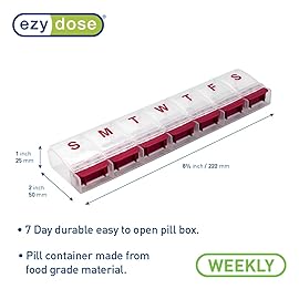 EZY DOSE Weekly (7-Day) AM/PM Daily Pill Organizer, Vitamin Case, and Medicine Container, X-Large Compartments, Arthritis Friendly, Convenient with Effortless Portability, Clear/Red Lids, BPA Free