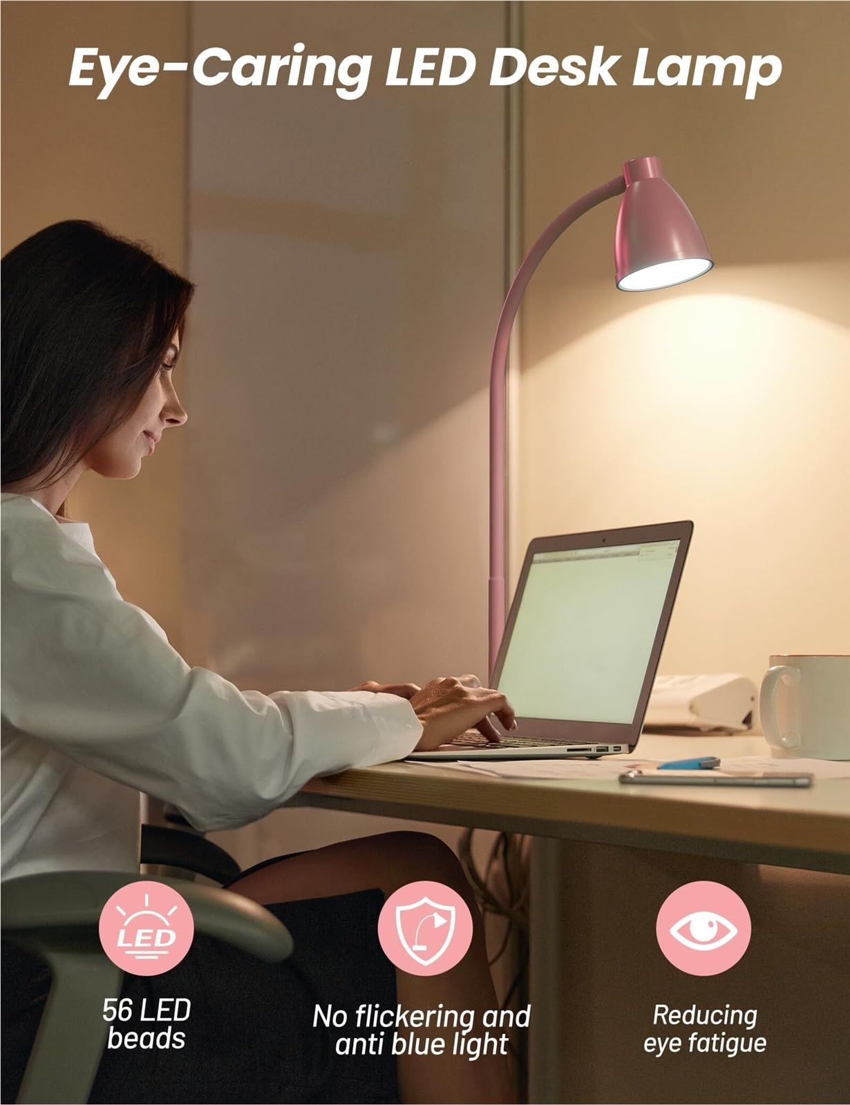 Lámpara De Lectura Lámpara De Escritorio LED con Puerto Carga USB, Luz Regulable, Cuello Cisne Flexible para Ojos(Pink)