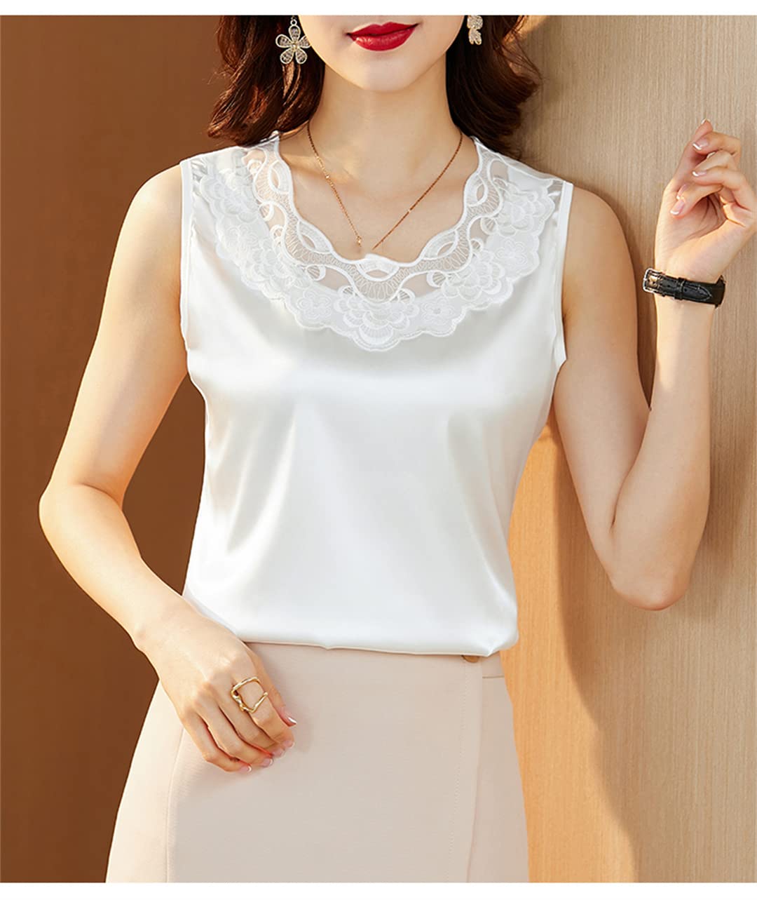 Canotte Senza Maniche con Scollo a O per Donna Camicetta in Raso con Patchwork a Rete scavata T-Shirt Estiva Casual White S