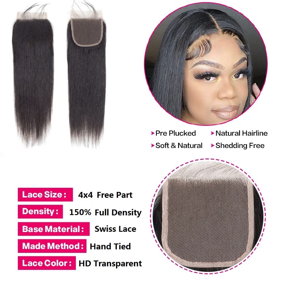 12A Straight Bundles with Closure Human Hair 18 20 22 with 16 Inch 100% Unprocessed Brazilian Virgin Raw Human Hair Quick Weave 3 Bundles with 4x4 HD Lace Closure 1B Black