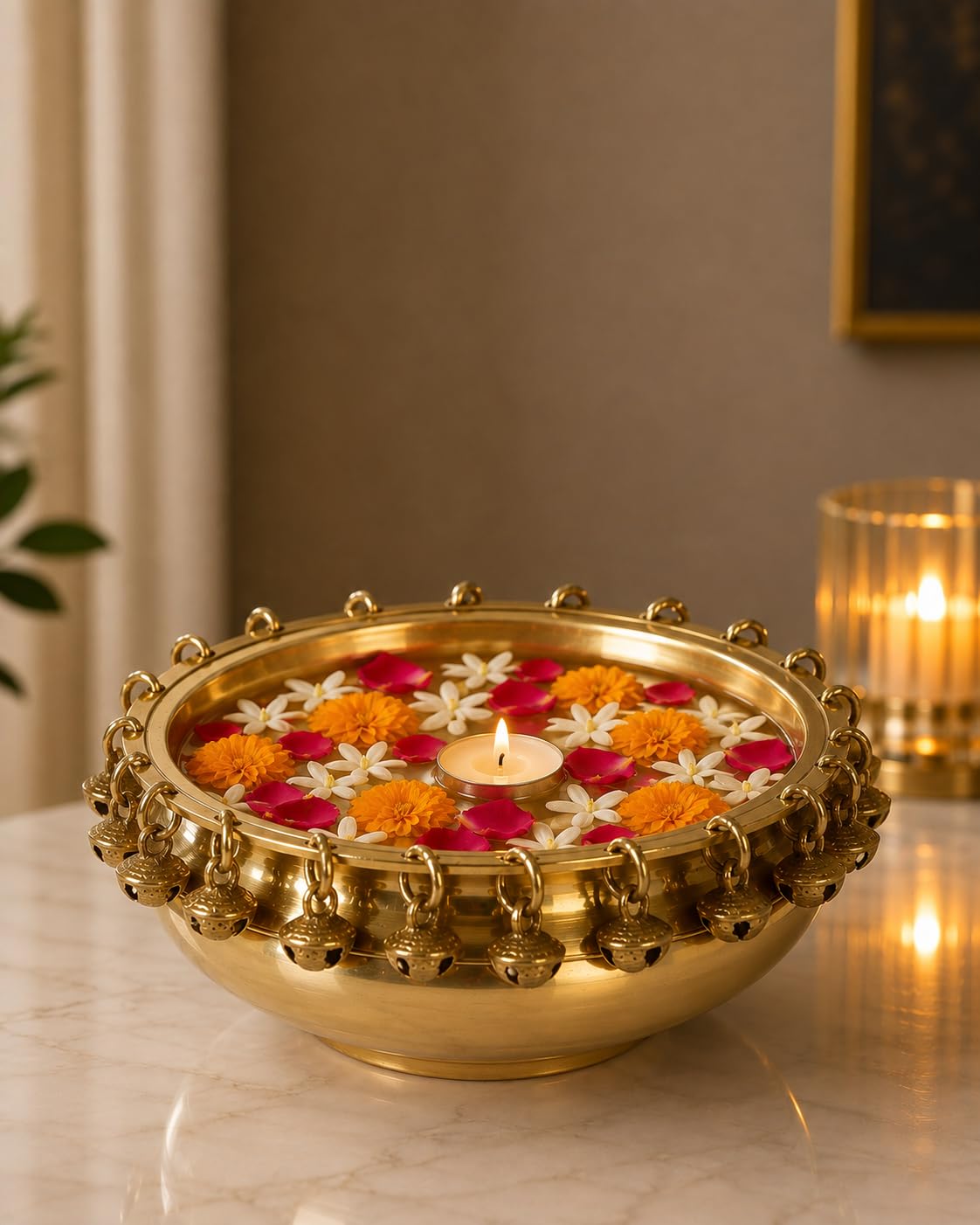 Two Moustaches Ethnic Traditional 6 Inches Brass Urli Bowl with Bells Showpiece, Brass Urli for Decor, Housewarming Gifts, Standard, Pack of 1-image-13