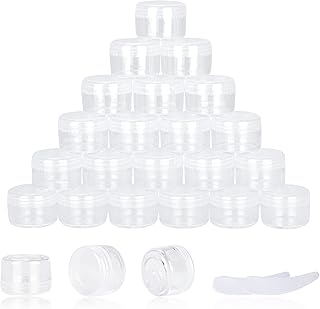 25PCS 5 Gram Sample Containers, 5ml Empty Jars with Lids, Small Cosmetic Containers, Mini Sample Jars with 2PCS Mini Spatulas for Make Up, Oils, Lotion, Powder, Paint, Jewelry, Lip Balms(Clear Lid)