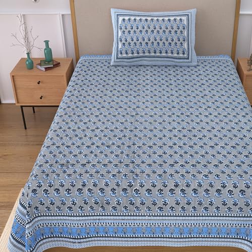 Image of 100% Cotton Single Bedsheet with 1 Pillow Cover | 240 TC Pure Cotton Flat Bed Sheet | Traditional Jaipuri Printed Bedding Set | Soft & Breathable | 60 x 90 Inch (Rangmahal Single 17)