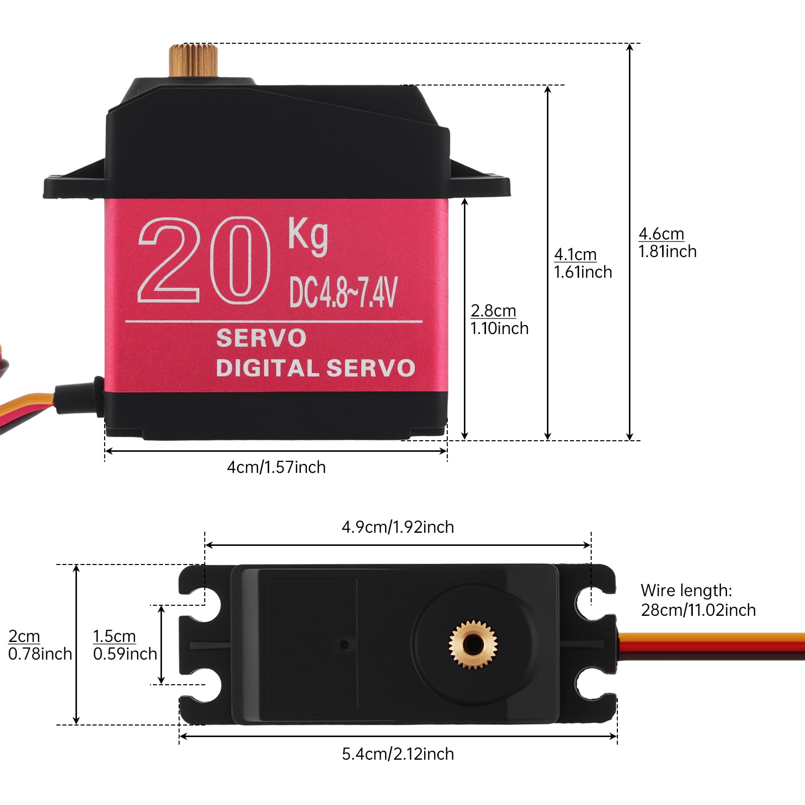 Paquete de 2 servomotores RC de 20 kg de alto par, servo de dirección de engranajes de metal completo con bocina servo de 25T para robot de coche RC de 1/8 1/10, ángulo de control de 180°