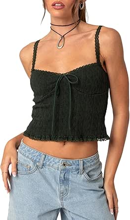 Women's Camisole Top Ribbed Sleeveless Lace Trim Spaghetti Strap Slim Fit