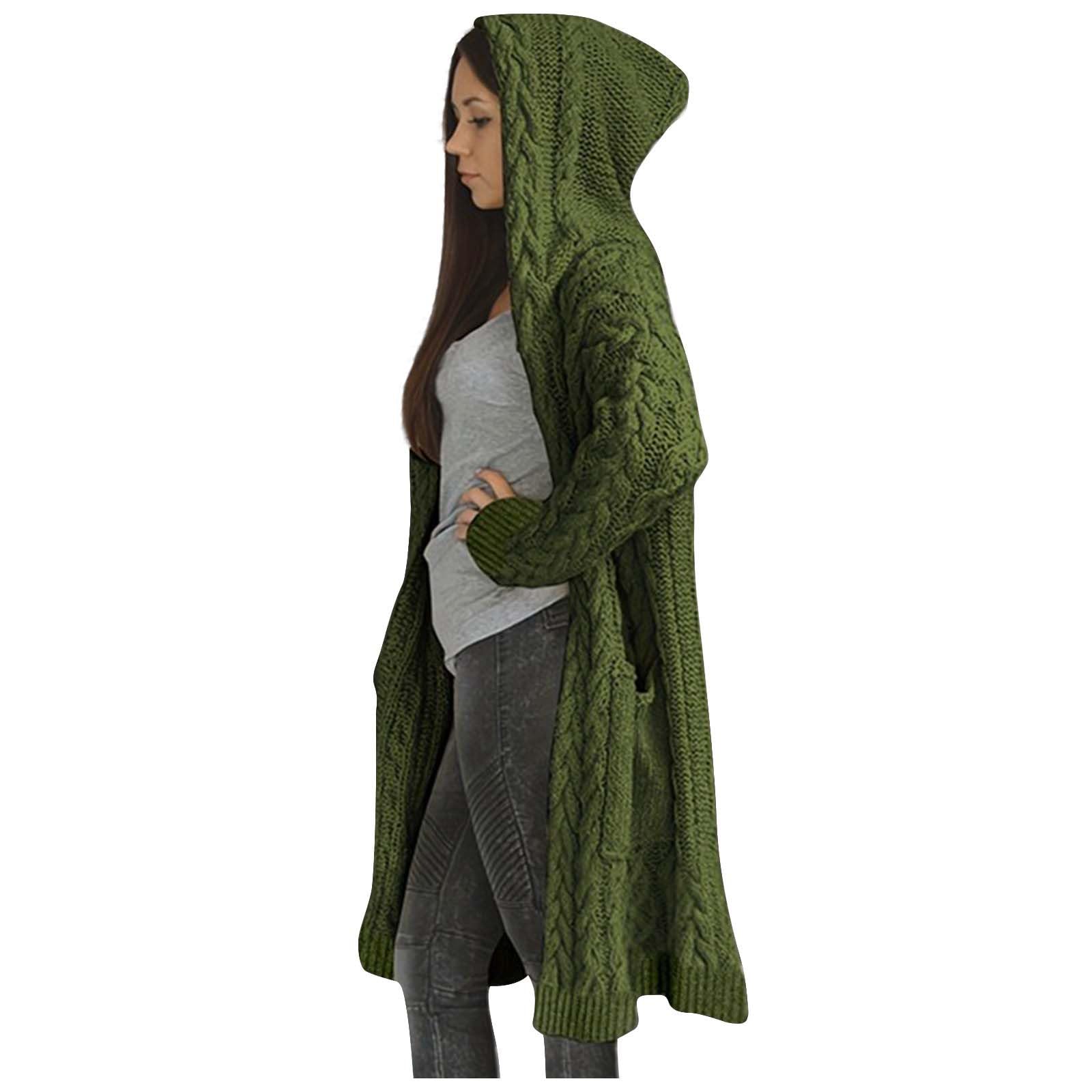 Womens Casual Long Sleeve Open Cardigan Warm Hooded Outwear Coat Cable Knit Long Cardigan Sweaters with Pockets