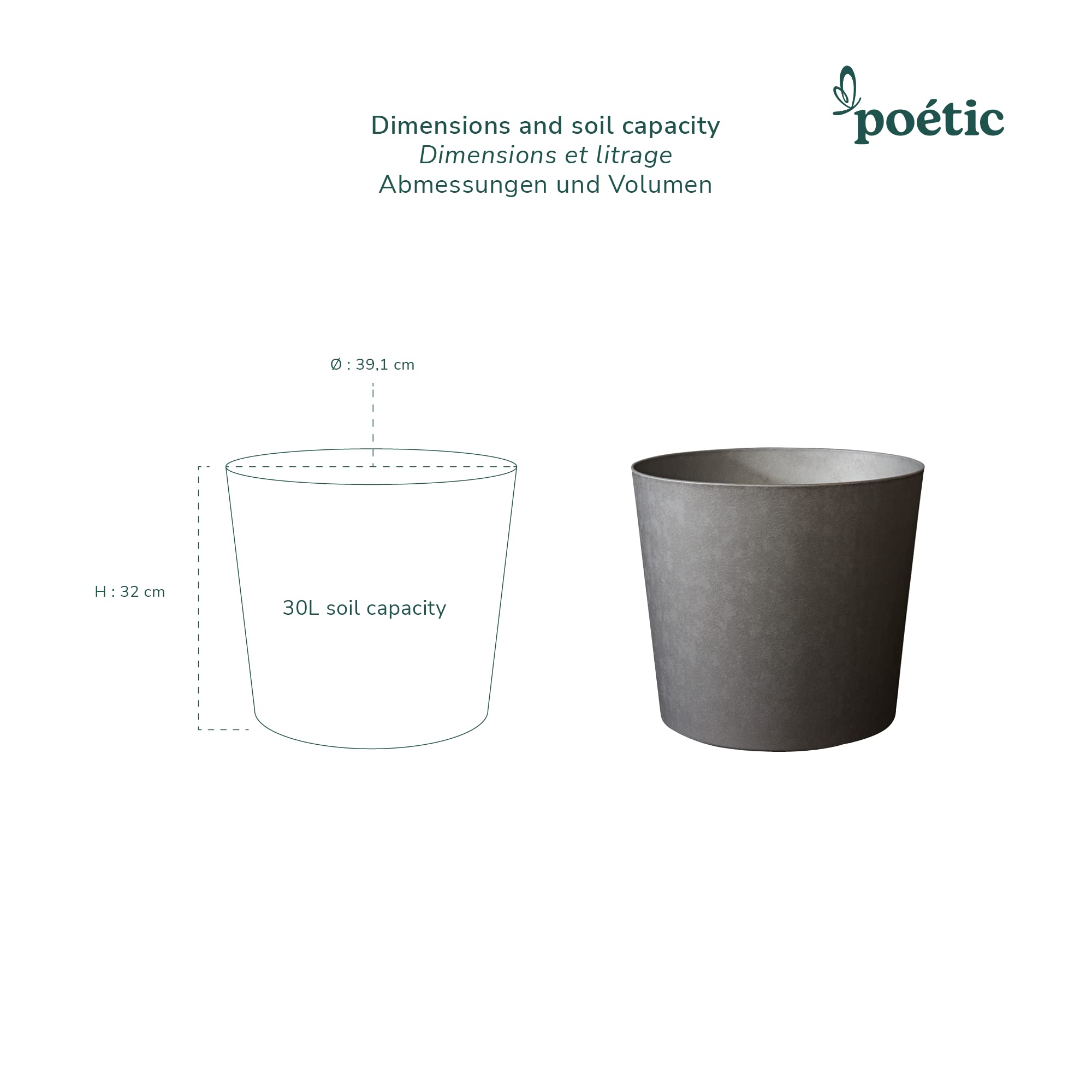 POETIC - Blumentopf für den Außenbereich - Konisches Pflanzgefäß für Indoor - Farbe Schiefer - 39,1 x H.32 cm, 30 Liter - Aus recyceltem Kunststoff