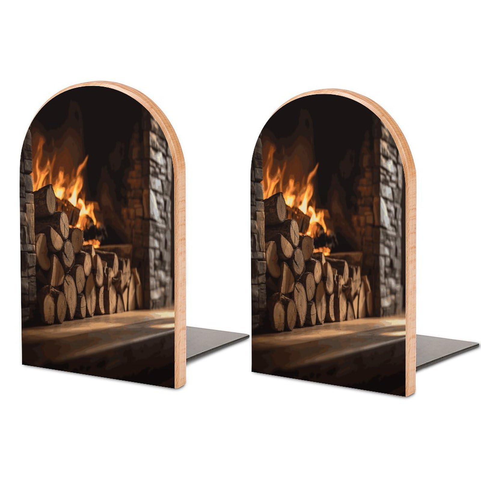 Wood on Fireplace Book Ends Wood Non-Skid Bookend for Shelves Heavy Duty Bookends with Metal Base Decorative Books Stopper Desk Organizers Book Dividers for Office Home 1 Pair