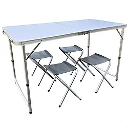 Mesa Dobrável Maleta de Camping com 4 Bancos, 120 x 60 cm, Alumínio, Portátil Mesa Praia para Piquenique e Exterior
