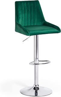 Spinningfield Kitchen Bar Stool - Green Velvet Breakfast Bar Stool - Gas Lift Kitchen Stool Seat with Adjustable Height - Modern Upholstered Kitchen Island Barstool with Chrome Footrest & Base
