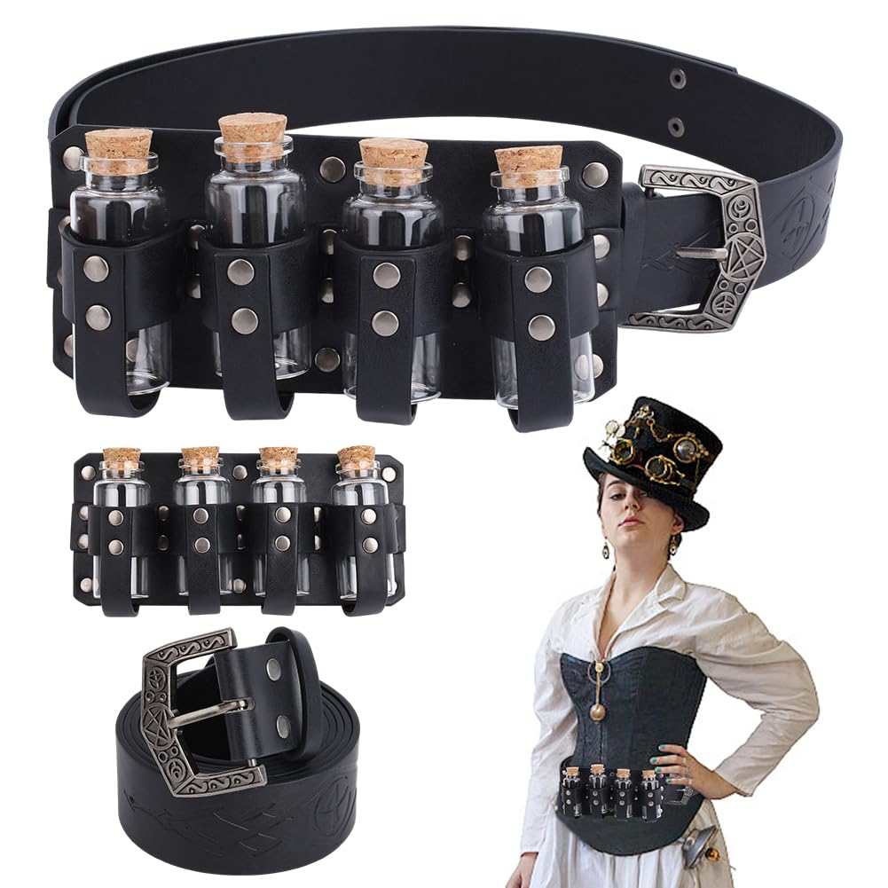 1Set Saddle Medieval Alchemy Costume Embossed Alchemy Faux Leather Buckle Belt with 4 Cork 57.6 Inch Adjustable Fantasy Wizard Potion Bottles Belt Vials Cosplay Accessories