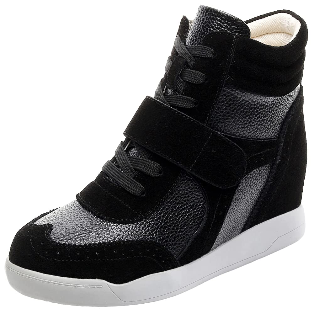 rismart Women's Wedge Heel Hook&Loop Brogue High Top Comfortable Stylish Trainers Shoes SN8599(Black,uk5)