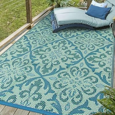 Lahome Waterproof Outdoor Rug 6x9 ft, Reversible Plastic Straw Patio Rug for Camping, RV Mat Outside, Indoor Outdoor Carpet for Porch Deck Backyard Camper Picnic, Light Blue and Green 6x9