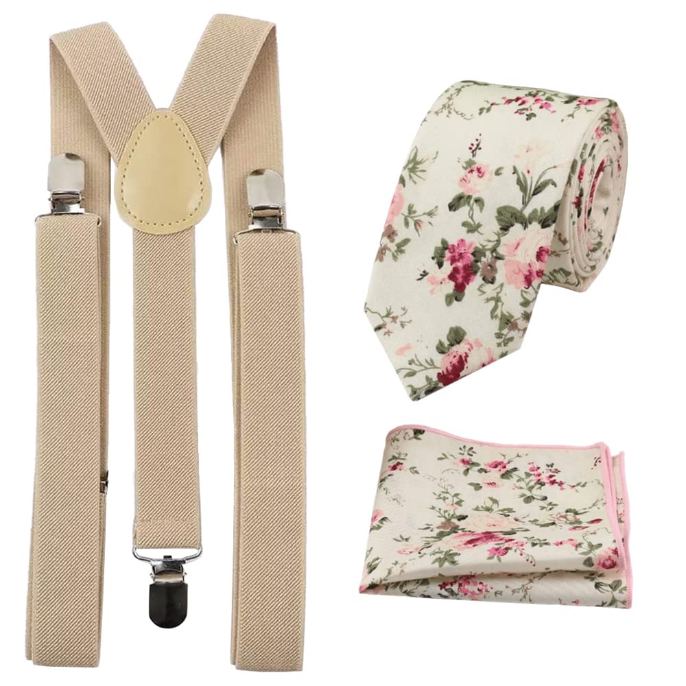 DB Dickie Bow Men's Braces (Cream Beige) with Luxury Cotton Blend Skinny Tie & Pocket Square Set (Cream Floral) - suitable for formalwear, office, weddings, parties, grooms & groomsmen outfits