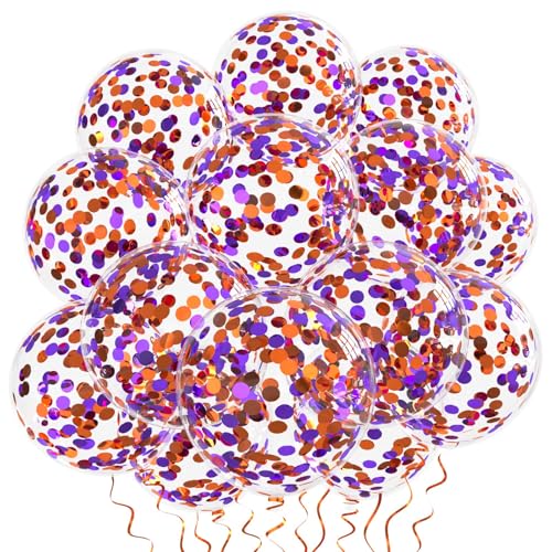 Image of Orange Purple Confetti Balloons 25 Pcs, 12 Inch Thickened Clear Latex Balloon with Confetti Inside for Halloween Party Decorations Birthday Baby Shower Bridal Shower Decoration Supplies