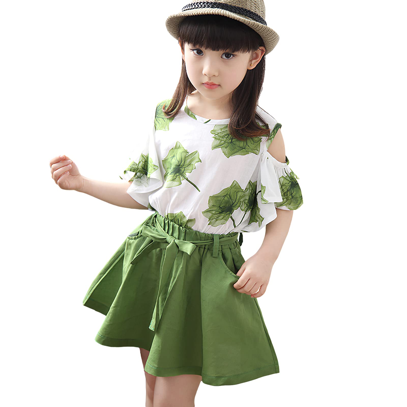 amropi Niña Floral Conjunto de Verano Camiseta de Manga Volantes y Falda 2 Piezas Ropa Set 3-12 años