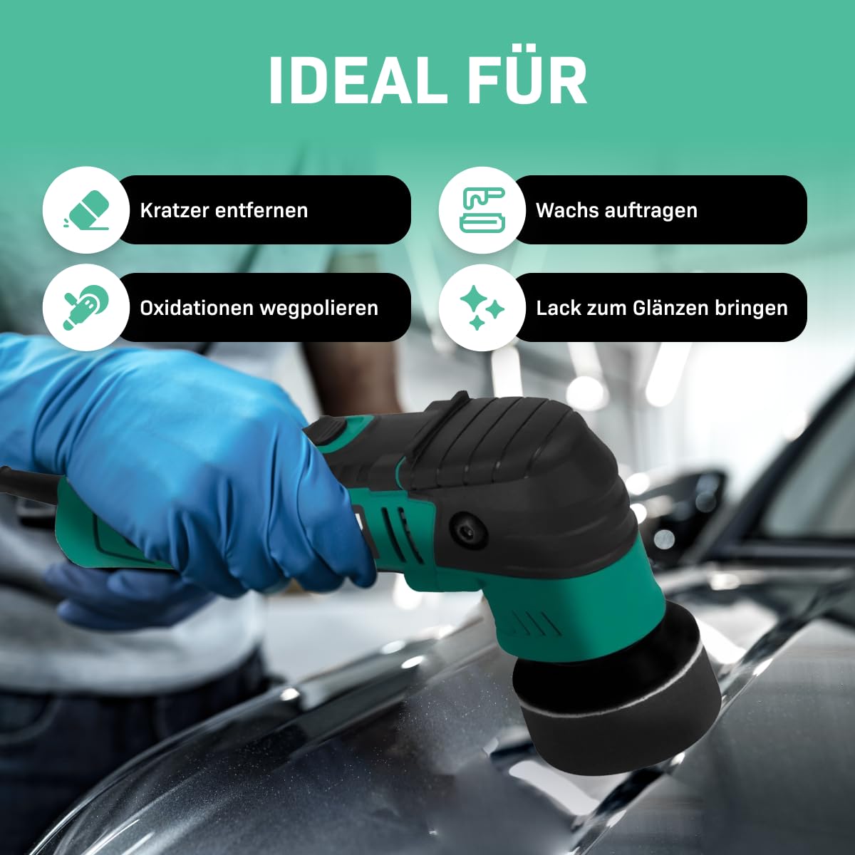 VONROC Dual Action Poliermaschine Auto Set elektrisch - Auto Zubehör Politur zum Kratzer entfernen, Autopflege Set - Variable Geschwindigkeit, 400W, 50-75MM inkl. 2xTräger & 8xPads