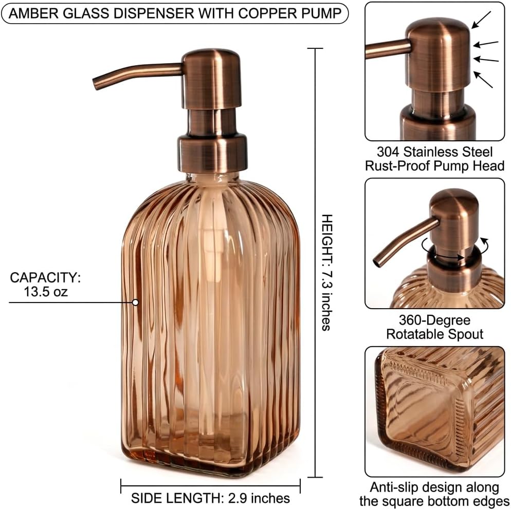 13.5 oz Amber Glass Soap Dispenser with Bronze 304 Stainless Steel Pump, Rust-Proof Brown Hand and Dish Soap Dispenser for Kitchen & Bathroom, Includes Black Silicone Funnel (Square)