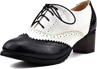 KISSASA Damen Wingtip Block High Heels Brogues Vintage Schnürschuhe Oxford Schuhe