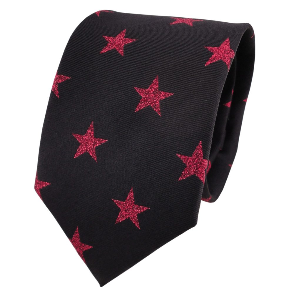 Tigertie Men's Black Lurex Silk Tie Red Patterned - Tie Necktie Silk Star