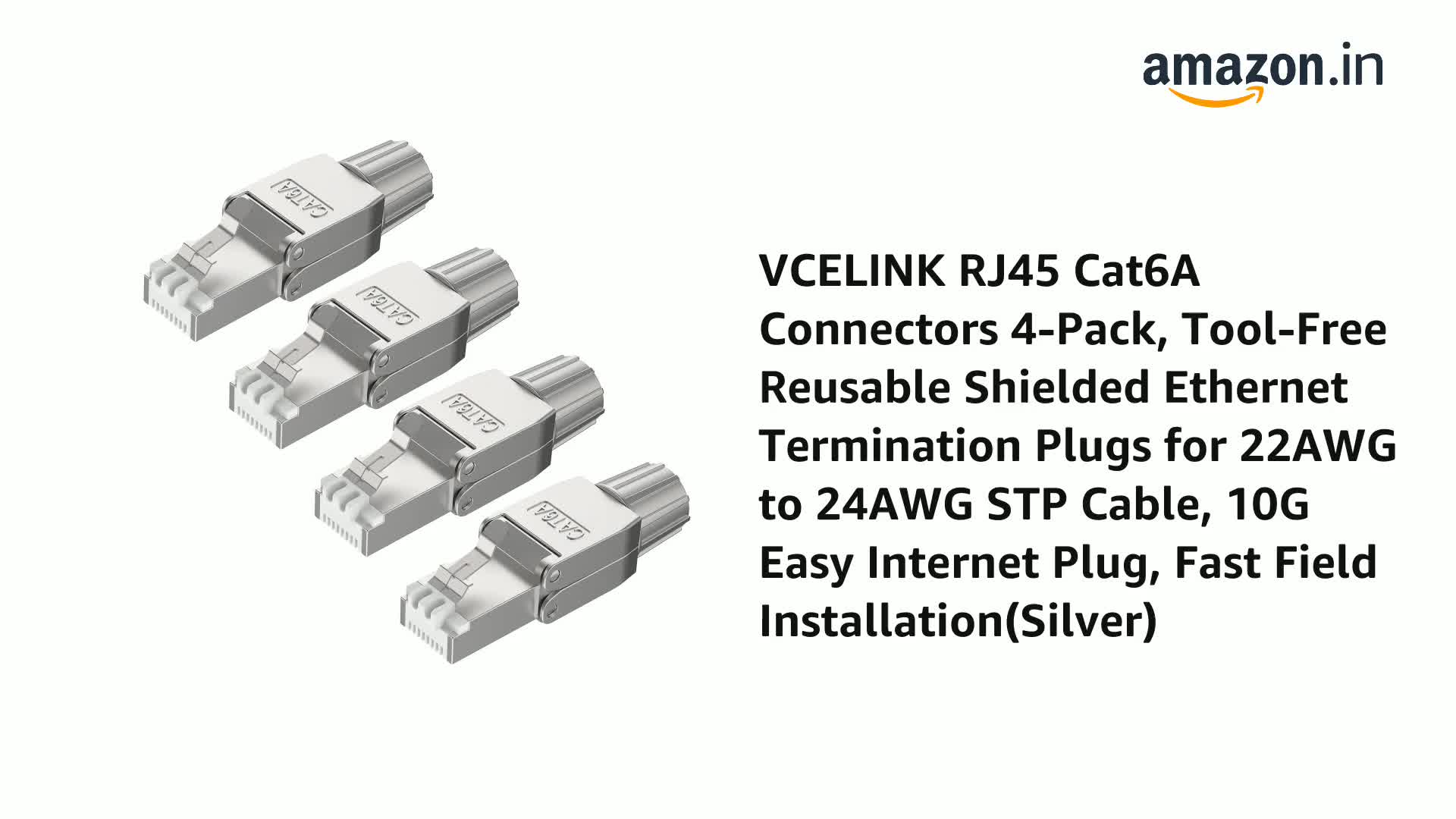 VCELINK RJ45 Cat6A Connectors 4-Pack, Tool-Free Reusable Shielded 