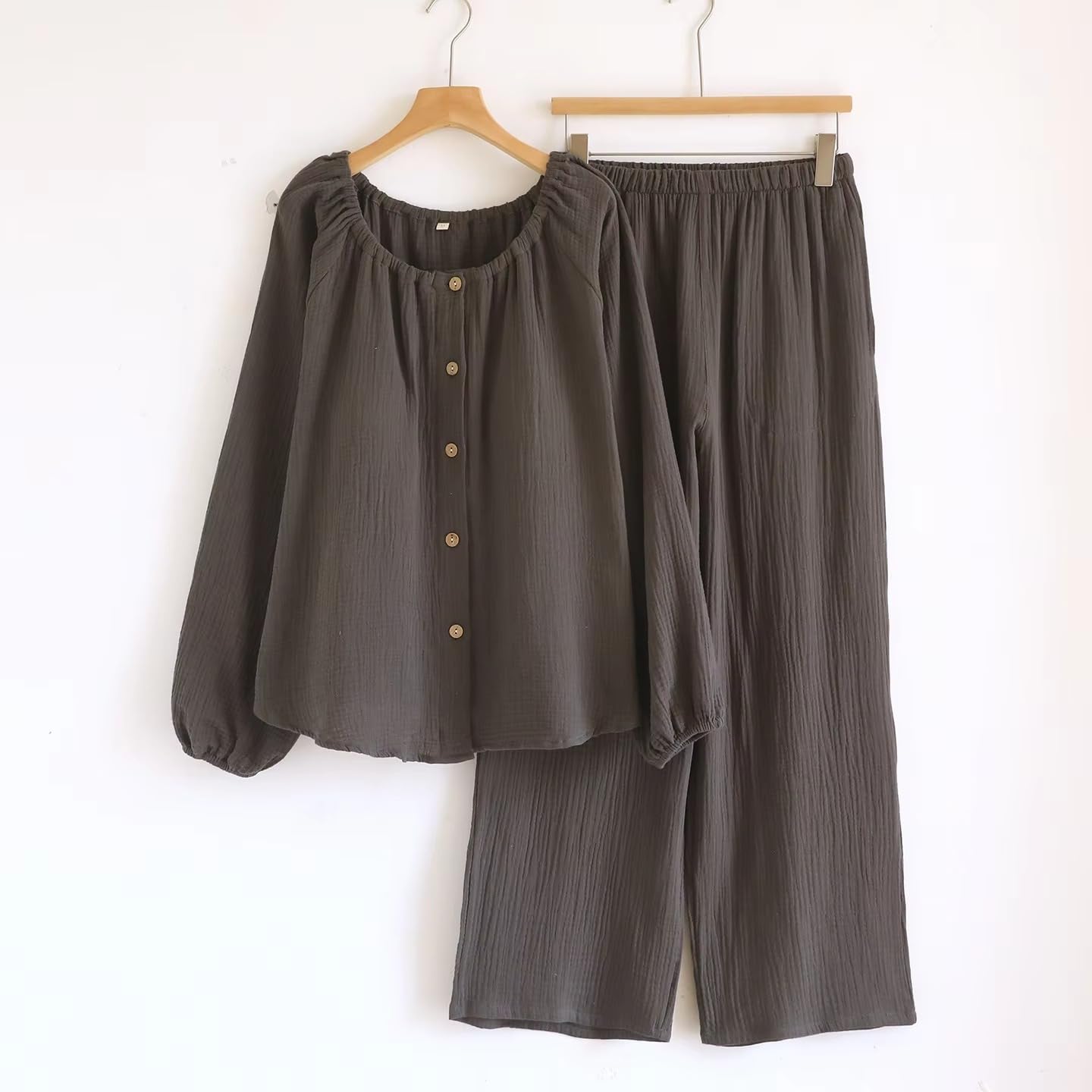 Conjunto de pijama de 2 piezas con cuello redondo y manga larga suave y cómoda con almohadilla para el pecho para mujer