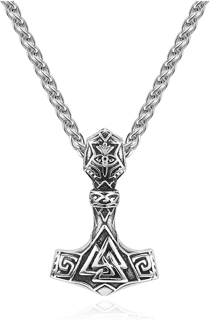 PiercingJak Men's Necklace Norse Viking Necklace Stainless Steel Thor's Hammer Mjolnir Norse Pendant with Chain Nordic Viking Runes Amulet Necklaces Talisman Jewellery for Men 24 Inch