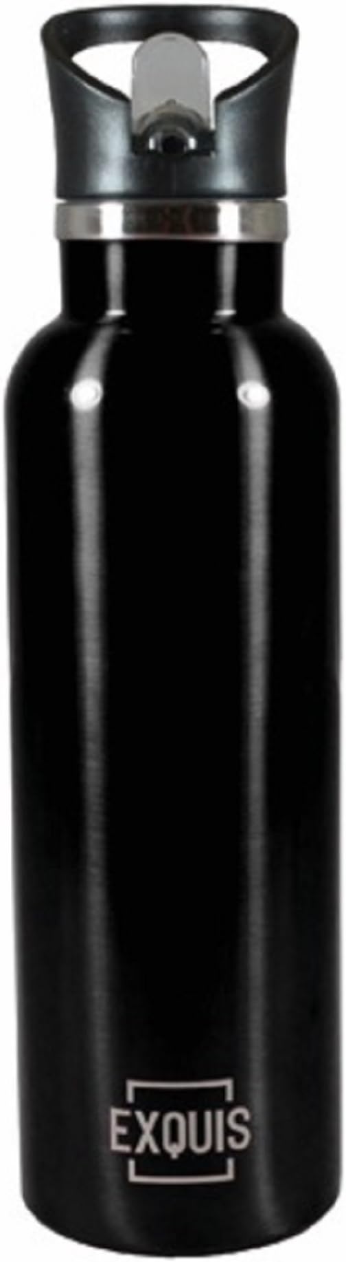 EXQUIS 161593 Double Wall Vacuum Insulated Stainless Steel Sports Bottle with Screw on Lid & Flip Straw, Black