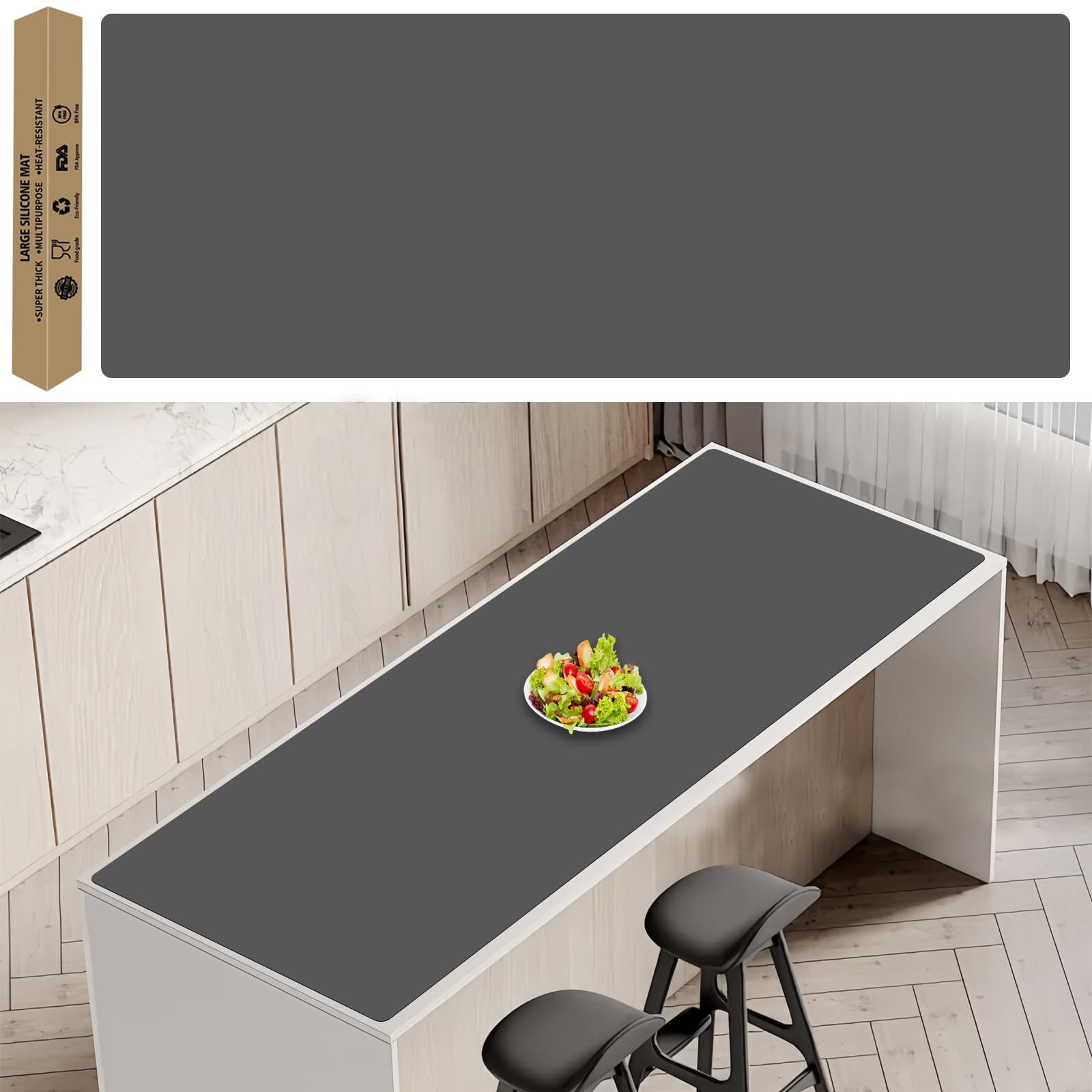 78.7''x23.6''(200cmx60cm) Extra Large Silicone Mat for Kitchen Counter, Heat Resistant Non-Slip Kitchen Island Protector Mat, Silicone Placemat for Countertop Protector, Dark Gray