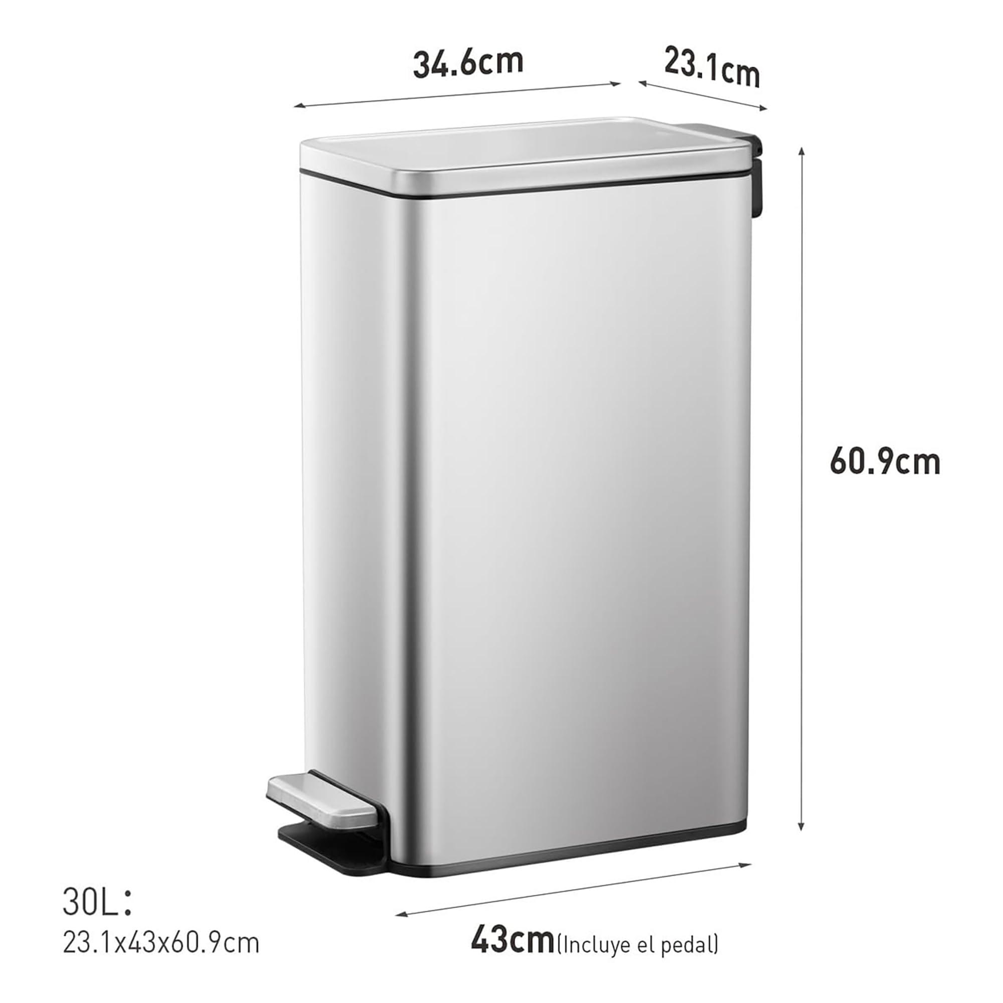 EKO Stella Slim Cubo de Basura Cocina 30L con Pedal y Tapa de Cierre Suave | Acero Inoxidable Antihuella | Papelera Moderna y Robusta | Gran Capacidad para Reciclaje