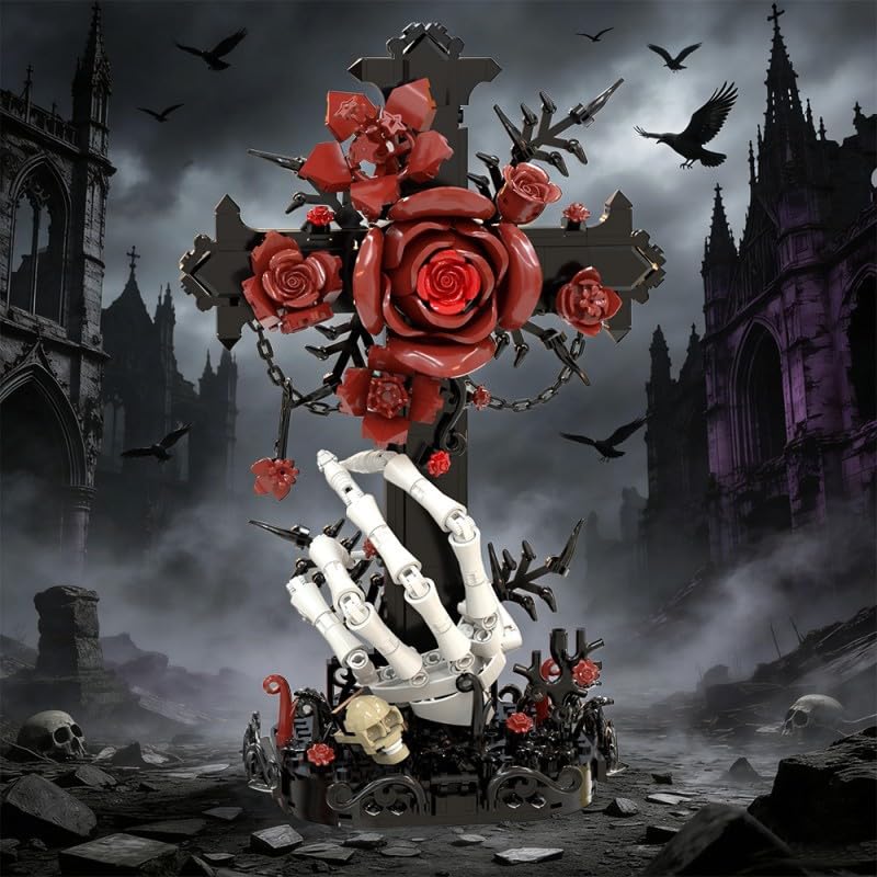 Gothisches Kreuz & Rot Rosen-Bauset, Skelett-Hand mit Schädel Sammlermodell, Dunkle Fantasy-Deko für Erwachsene Bauklötze-Set, Halloween-Romantische Geschenke, Spuk-Themen-Spielzeug-Display