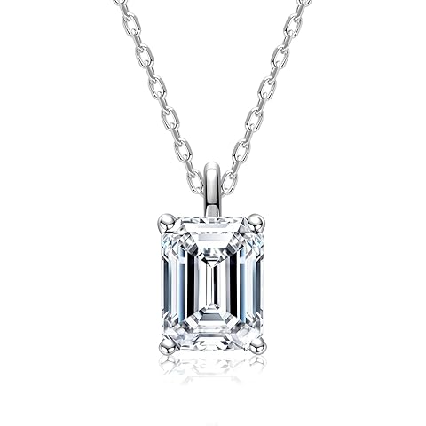 14K Solid White Gold Emerald Cut Moissanites Pendant Necklace, 1-2 Carats D Color & Flawless, 40+2+3mm Adjustable Sterling Silver Chain